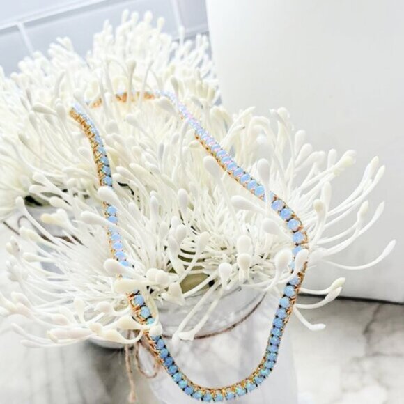 Shimmering Simulated Blue or White Opal Tennis 18K Gold Plated Necklace 16" - Picture 5 of 9